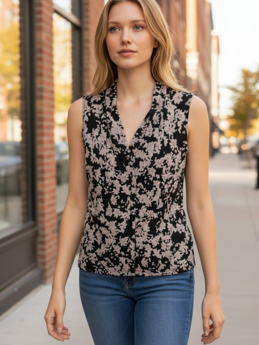 Calvin Klein Black Sleeveless V-Neck Top with Light Pink Floral Print